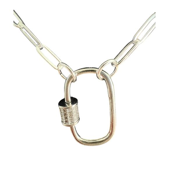 Silver Paper Clip Style Chain Necklace 18" with CZ and Carabiner Clasp (SVXX010) - Picture 2 of 3